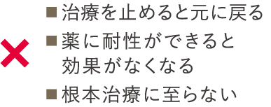 ■治療を止めると元に戻る、■薬に耐性ができると効果がなくなる、■根本治療に至らない