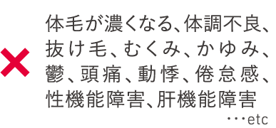 体毛が濃くなる、体調不良、抜け毛、むくみ、かゆみ、鬱、頭痛、動悸、倦怠感、性機能障害、肝機能障害…etc