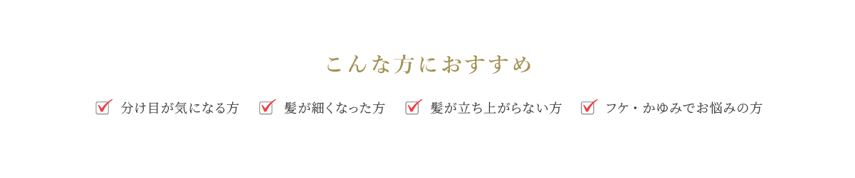 こんな方におすすめ（分け目が気になる方　髪が細くなった方　髪が立ち上がらない方　フケ・かゆみでお悩みの方）