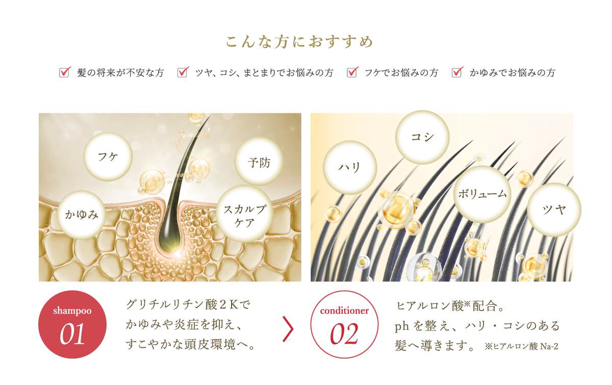 こんな方におすすめ(髪の将来が不安な方 ツヤ、コシ、まとまりでお悩みの方 フケでお悩みの方 かゆみでお悩みの方)グリチルリチン酸2Kでかゆみや炎症を抑え、すこやかな頭皮環境へ。