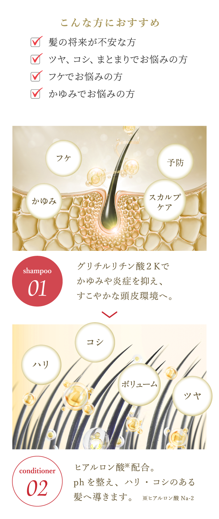 こんな方におすすめ(髪の将来が不安な方 ツヤ、コシ、まとまりでお悩みの方 フケでお悩みの方 かゆみでお悩みの方)グリチルリチン酸2Kでかゆみや炎症を抑え、すこやかな頭皮環境へ。