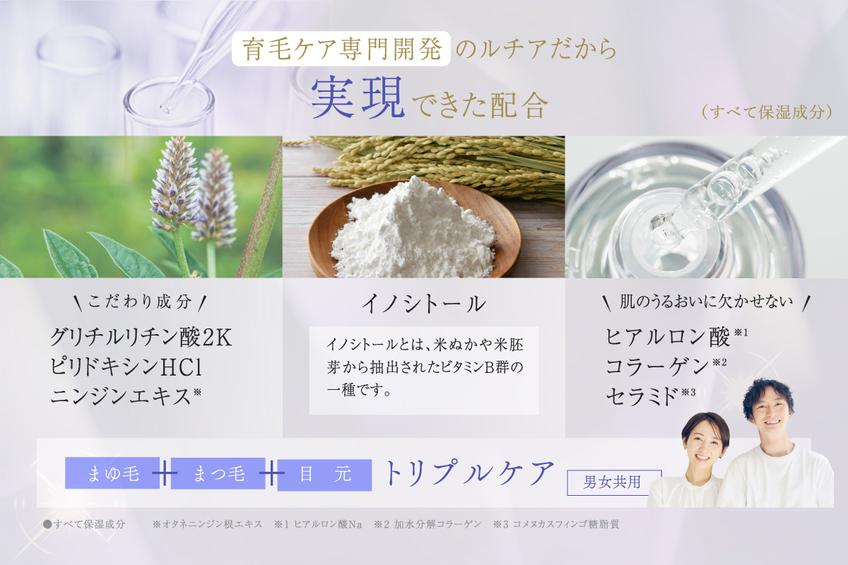 「育毛ケア専門開発 のルチアだから実現できた配合」こだわり成分:グリチルリチン酸2K、ピリドキシンHCl、ニンジンエキス、イノシトール(イノシトールとは、米ぬかや米胚芽から抽出されたビタミンB群の一種です。)、肌のうるおいに欠かせない:ヒアルロン酸、コラーゲン、セラミド【男女共用】